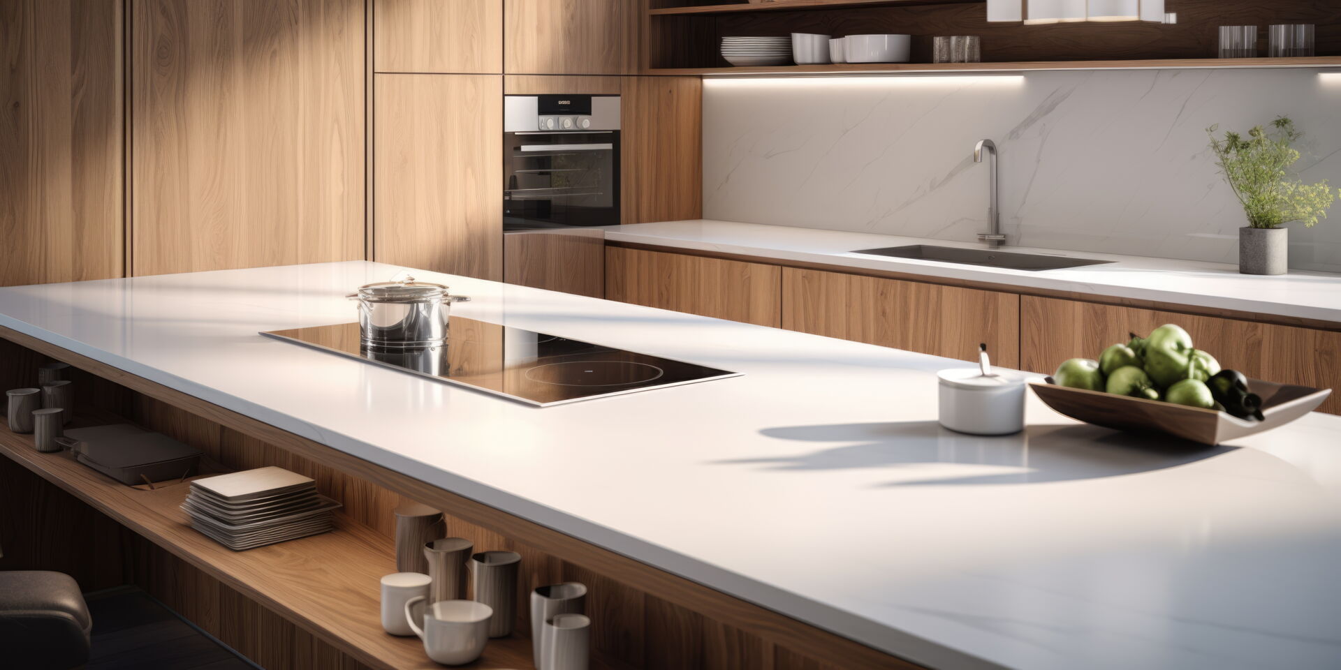 Moderne Küche mit Holzfronten, weißer Corian-Arbeitsinsel mit Kochfeld und Spüle. Küchenstudio Mario Pfarsky Hoyerswerda.